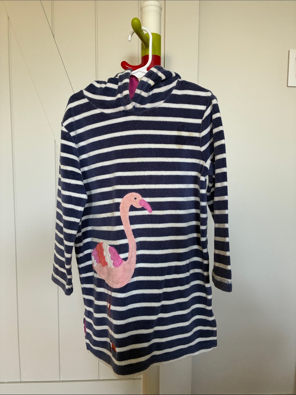 Kids Navy & White Striped Hooded swim coverup with Pink Flamingo